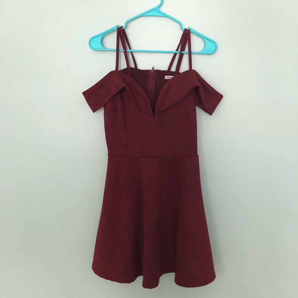 Lovely maroon off the shoulder dress.
